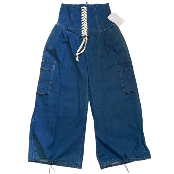 Unbranded NWT Corset Lacing Denim Strapless Jumpsuit Wide Leg Cinch Hem Size Med - Picture 1 of 4